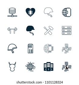 Hard icon. collection of 16 hard filled and outline icons such as helmet, cpu planet, server, cpu in heart, barbell. editable hard icons for web and mobile.