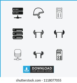 Hard icon. collection of 9 hard filled and outline icons such as server, barbell. editable hard icons for web and mobile.