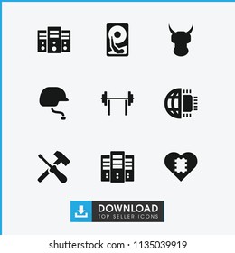 Hard icon. collection of 9 hard filled icons such as server, screwdriver, helmet, barbell, cpu in heart. editable hard icons for web and mobile.