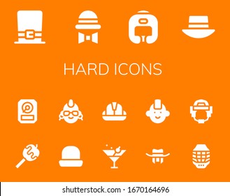 hard icon set. 14 filled hard icons. Included Hat, Boxing helmet, Caramelized apple, Hdd, Punk, Martini, Helmet icons