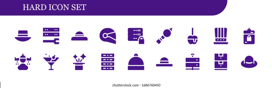 hard icon set. 18 filled hard icons. Included Hat, Server, Helmet, Bladder pipe, Caramelized apple, Harddrive, Rain, Martini, Data storage icons
