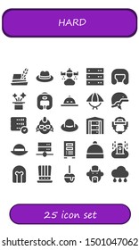 hard icon set. 25 filled hard icons.  Simple modern icons about  - Hat, Rain, Server, Boxing helmet, Helmet, Punk, Caramelized apple