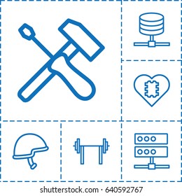 Hard icon. set of 6 hard outline icons such as helmet, cpu in heart, server, screwdriver