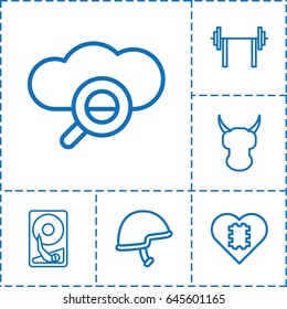 Hard icon. set of 6 hard outline icons such as helmet, hard disc, cpu in heart, search cloud