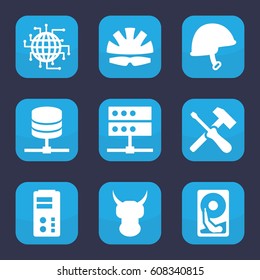 Hard icon. set of 9 filled hard icons such as helmet, hard disc, CPU planet, server