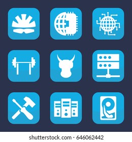 Hard icon. set of 9 filled hard icons such as helmet, hard disc, cpu planet, server, screwdriver