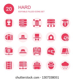 hard icon set. Collection of 20 filled hard icons included Headgear, Server, Hat, Data storage, Helmet, Press machine, Rain