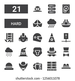 hard icon set. Collection of 21 filled hard icons included Hat, Server, Data storage, Boxing helmet, Witch hat, Rain, Helmet, Punk, Hard disc