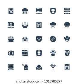 hard icon set. Collection of 25 filled hard icons included Hard disk, Martini, Hat, Server, Helmet, Headgear, Data storage, Disc, Boxing helmet, Rain, drive