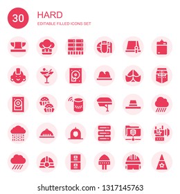 hard icon set. Collection of 30 filled hard icons included Anvil, Hat, Server, Data storage, Punk, Martini, Hard disc, disk, Bonbon, Helmet, Rain, Harddrive, Rock