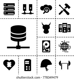 Hard icons. set of 13 editable filled hard icons such as helmet, barbell, cpu in heart, cpu planet, server, search cloud, screwdriver