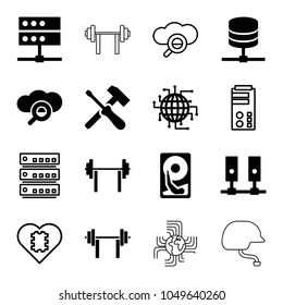 Hard icons. set of 16 editable filled and outline hard icons such as barbell, cpu planet, server, search cloud, screwdriver, hard disc, cpu in heart