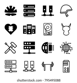 Hard icons. set of 16 editable filled and outline hard icons such as cpu in heart, server, helmet, barbell, cpu planet, screwdriver