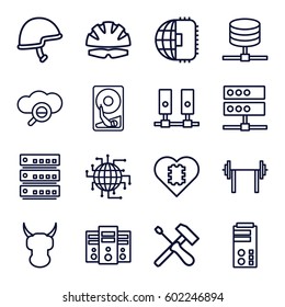 hard icons set. Set of 16 hard outline icons such as helmet, hard disc, CPU in heart, CPU planet, server, search cloud, screwdriver