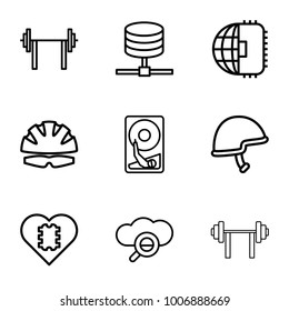 Hard icons. set of 9 editable outline hard icons such as barbell, cpu in heart, cpu planet, helmet, server, search cloud