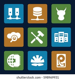 hard icons set. Set of 9 hard filled icons such as helmet, hard disc, CPU planet, server, search cloud 