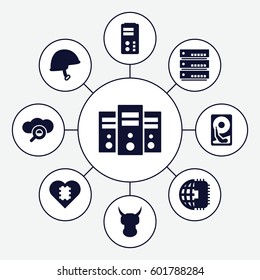 hard icons set. Set of 9 hard filled icons such as helmet, hard disc, CPU in heart, CPU planet, search cloud