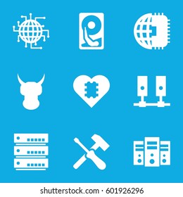 hard icons set. Set of 9 hard filled icons such as hard disc, CPU in heart, CPU planet, helmet, server
