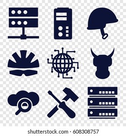 Hard icons set. set of 9 hard filled icons such as helmet, CPU planet, server, search cloud