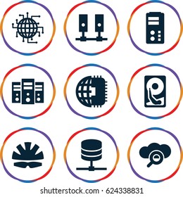 Hard icons set. set of 9 hard filled icons such as helmet, hard disc, CPU planet, server