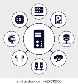 Hard icons set. set of 9 hard filled icons such as hard disc, cpu planet, server, search cloud