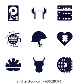 Hard icons set. set of 9 hard filled icons such as helmet, hard disc, cpu in heart, cpu planet, server