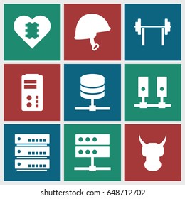 Hard icons set. set of 9 hard filled icons such as helmet, cpu in heart, server