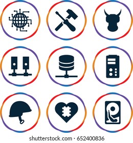 Hard icons set. set of 9 hard filled icons such as helmet, hard disc, cpu in heart, cpu planet, server