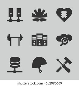 Hard icons set. set of 9 hard filled icons such as helmet, cpu in heart, server, search cloud, screwdriver