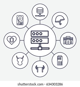 Hard icons set. set of 9 hard outline icons such as helmet, hard disc, cpu in heart, server