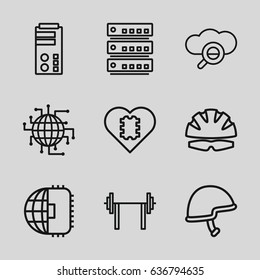 Hard icons set. set of 9 hard outline icons such as helmet, cpu in heart, cpu planet, search cloud, server