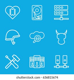 Hard icons set. set of 9 hard outline icons such as helmet, hard disc, cpu in heart, server, search cloud