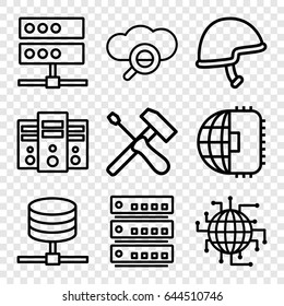 Hard icons set. set of 9 hard outline icons such as helmet, cpu planet, server, search cloud