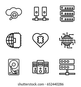 Hard icons set. set of 9 hard outline icons such as hard disc, cpu in heart, cpu planet, server