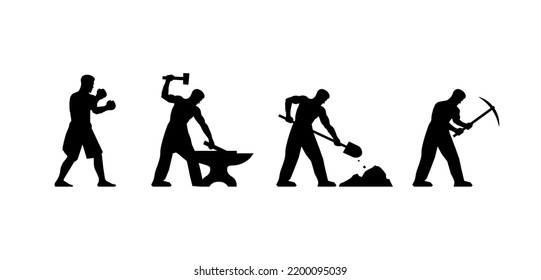 hard labor silhouette vector illustration. Different occupations illustrated. Sport, physical labor. Hard work. Blacksmith, miner, boxer, digger. Ma