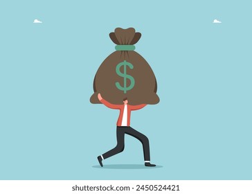 Hard labour for increasing income and wages, motivation for financial growth, improving the economy, profitability of the investment portfolio, way to wealthy, man carries a huge bag of money.