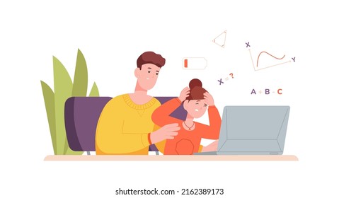 Hard Learning Pupil. Struggling Concentrated Child Doing Difficulty Homework, Parent Help To School College Test, Kid Dyslexia Exhausted Student Study Vector Illustration Of Student Learning Knowledge