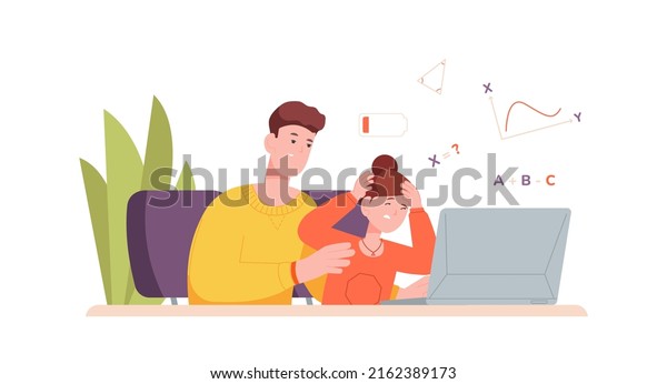 Hard learning pupil. Struggling concentrated\
child doing difficulty homework, parent help to school college\
test, kid dyslexia exhausted student study vector illustration of\
student learning\
knowledge