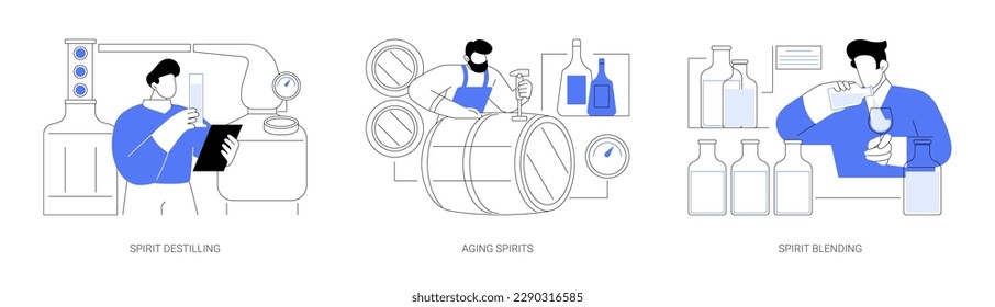 Hard liquor production abstract concept vector illustration set. Spirit destilling, hard liquor aging, spirit blending, alcohol drink manufacturing, aged whiskey and bourbon abstract metaphor.