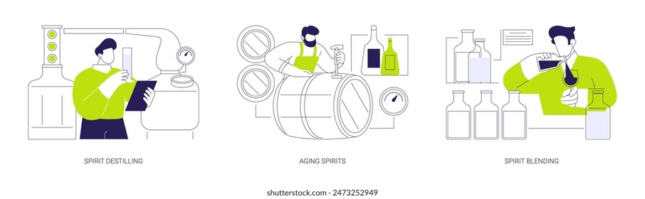 Hard liquor production abstract concept vector illustration set. Spirit destilling, hard liquor aging, spirit blending, alcohol drink manufacturing, aged whiskey and bourbon abstract metaphor.