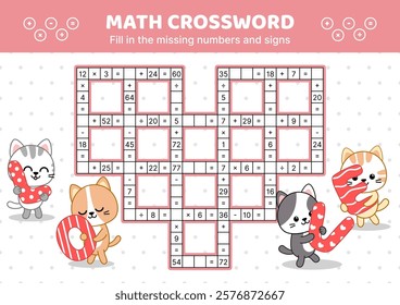 Hard math crossword with heart and love. Addition, subtraction, multiplication, division. Fill in the missing numbers and signs. Solve the problem. Educational attention game for kids. Isolated vector