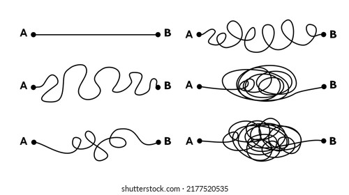 Hard, medium and easy way solution concept illustrated by tangled and straight lines. Complicated and simple path decision. Vector illustration design. 