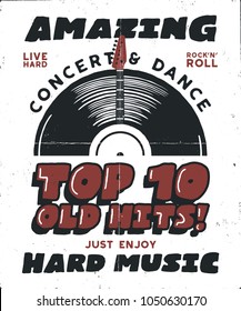 Hard music poster. Top 10 old hits sign. Live hard and rock n roll quote, invitation to a musical event. Stock vector isolated on white background