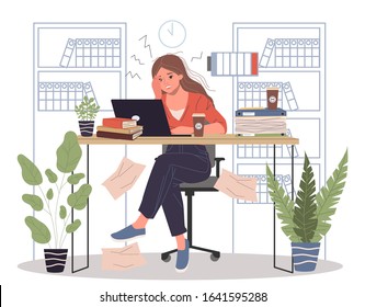Hard office work with overload vector illustration. Young frustrated woman sitting at office with depression. Professional and emotional burnout concept.