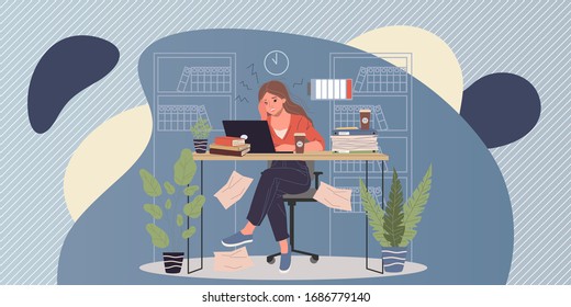 Hard office work with overload vector illustration. Young frustrated woman sitting at office with depression. Professional and emotional burnout concept.