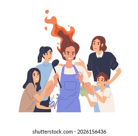 Hard parenting concept. Angry tired mother and many annoying children. Mom's stress, mind-shift and exhaustion after household duties overload. Flat vector illustration isolated on white background