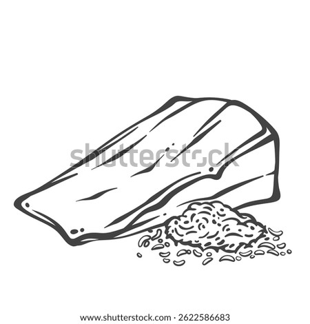 Hard parmesan cheese wedge with grated pile in engraved doodle style. Hand drawn dairy product. Vector illustration for recipes, food labels, or cooking design