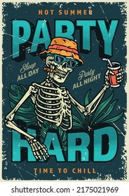 Hard Party Colorful Poster Vintage Dead Man With Cigar And Cocktail Invites You To Alcoholic Night Rave Vector Illustration