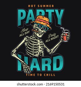 Hard party colorful sticker vintage skeleton party-goer drinks alcohol and smokes cigar in hat for beach hangout vector illustration