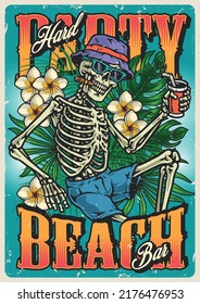 Hard Party Poster Colorful Vintage Skeleton With Cigar And Drink Calls You To Beach Rave Or Bachelor Party Vector Illustration